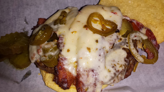 Bacon Burger with Pepper Jack and Jalapenos.